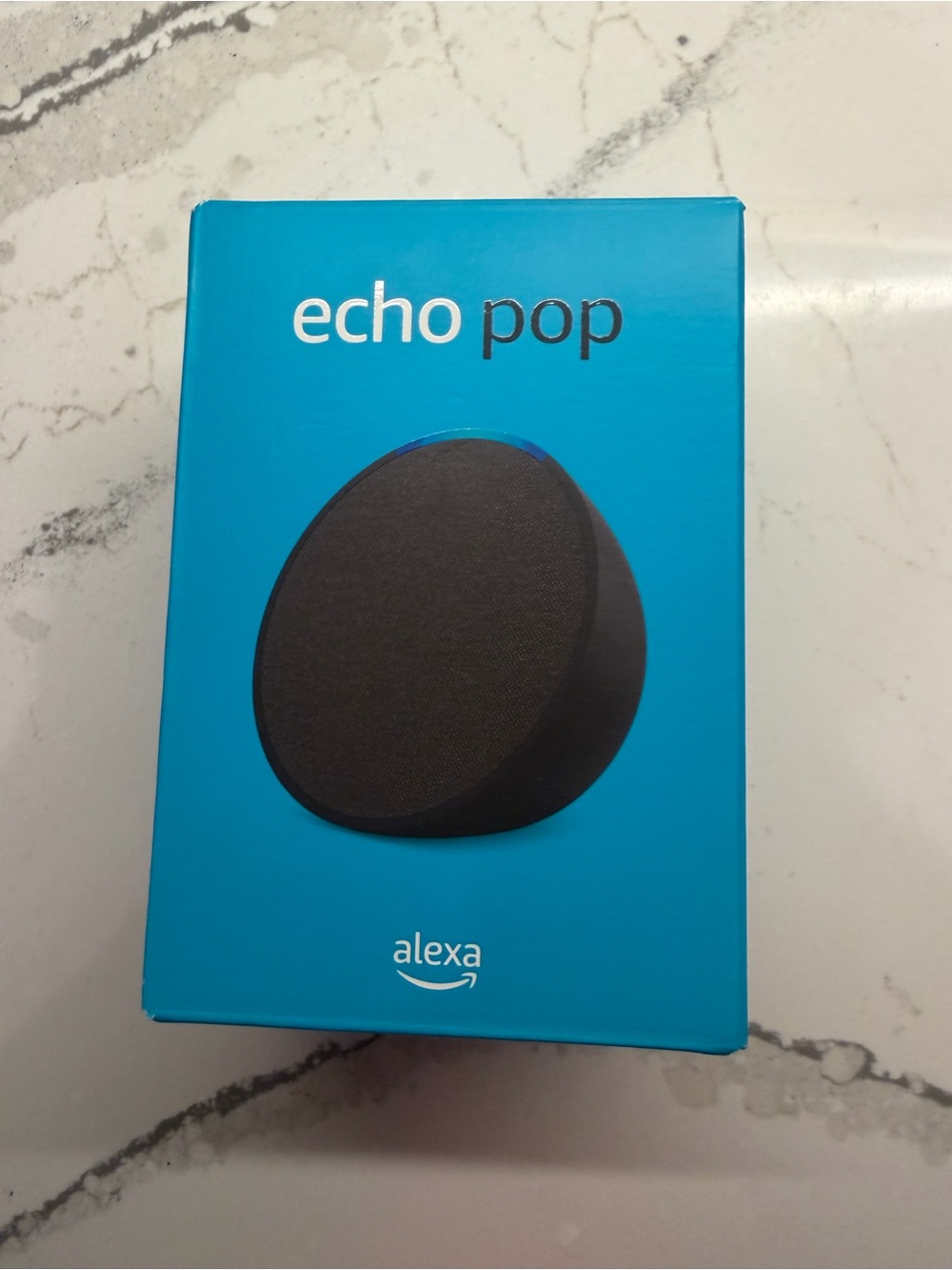 Amazon Echo Pop Smart Speaker in Blue Box with Black Device
